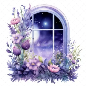 20 High-Quality Floral Night Window Clipart - Night window digital watercolor JPG instant download for commercial use - Digital download