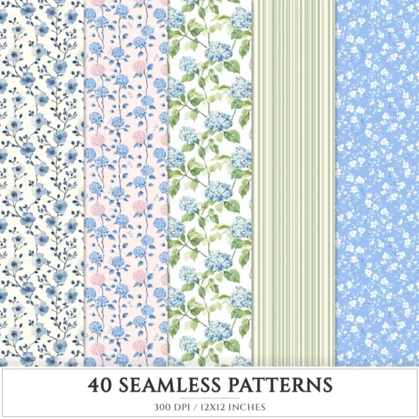 Grandmillennial Seamless Patterns, Chinoiserie JPEG, Pastel floral pattern, Stripes and plaid repeating pattern, Digital scrapbook paper