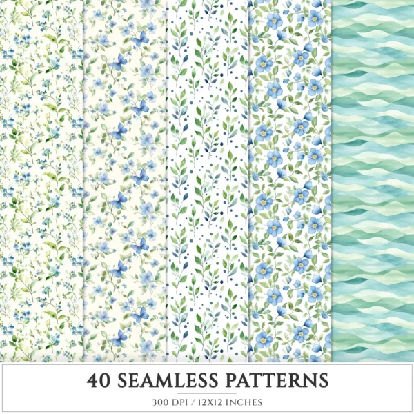 Springtime Planning Seamless Patterns, Cute spring JPEG, Spring reading pattern, Meadow flowers repeating pattern, Digital scrapbook paper
