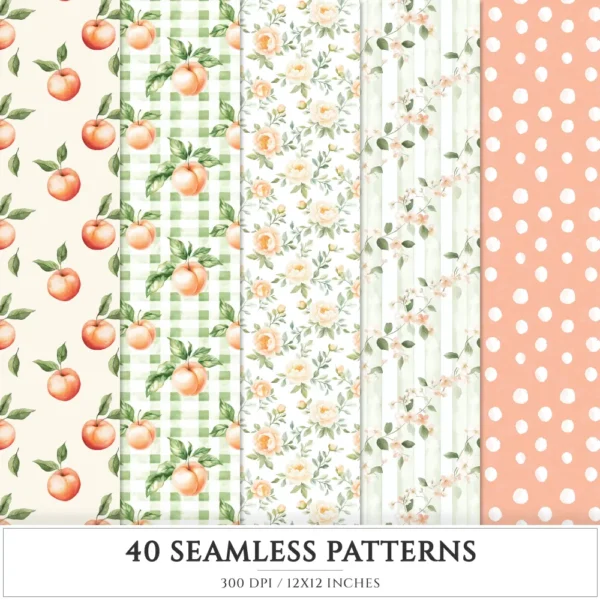 Peach Blush Summer Seamless Patterns, Cottagecore JPEG, Floral summertime pattern, Peony flowers repeating pattern, Digital scrapbook paper