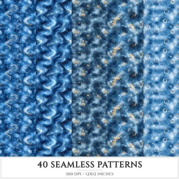 Celestial Elf Seamless Patterns, Magical nightscape JPEG, Fantasy universe pattern, Moon and stars repeating pattern,Digital scrapbook paper