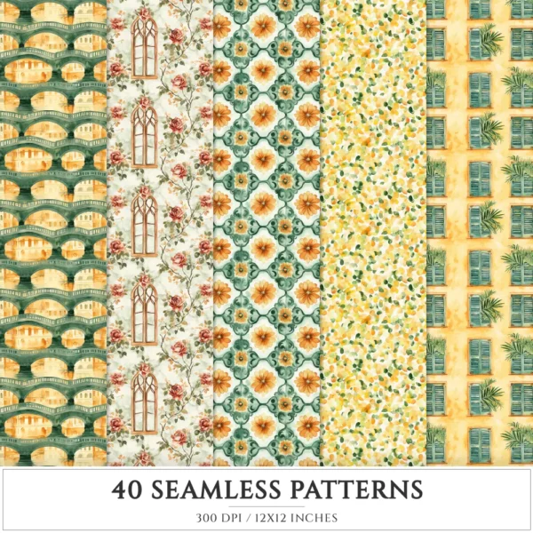 Venetian Summer Seamless Patterns, Italy travel JPEG, Vine leaves pattern, Citrus, Summer beach repeating pattern, Digital scrapbook paper