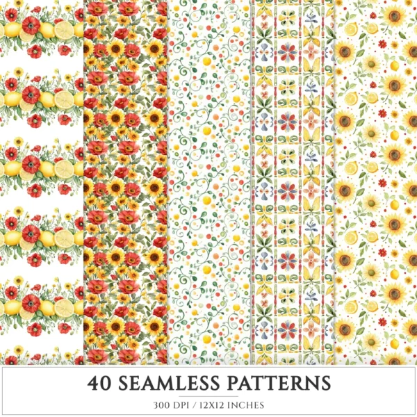 Italian Vibes Seamless Patterns, Mediterranean summer JPEG, Lemon motifs pattern, Italian tiles repeating pattern, Digital scrapbook paper