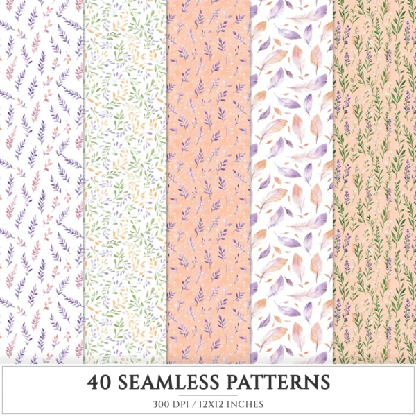 Spring Awakening Seamless Patterns, Whimsical spring JPEG, Floral pattern, Lavender, Spring meadow repeating pattern,Digital scrapbook paper