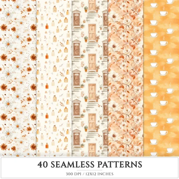 Autumn Planner Seamless Patterns, Cozy autumn JPEG, Maple leaves pattern, Acorns, Plaid, Pumpkins repeating pattern, Digital scrapbook paper