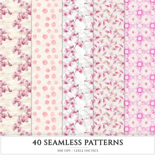 Orchid Resort Seamless Patterns, Summertime JPEG, Wellness spa pattern, Pebble, Shell, Orchid repeating pattern, Digital scrapbook paper