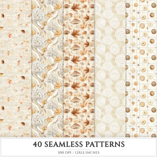 September End Seamless Patterns, Cozy autumn JPEG, Maple and pumpkin pattern, Plaid, Knitted cozy repeating pattern, Digital scrapbook paper