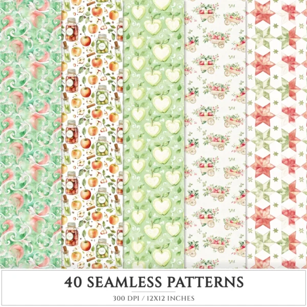 Falling Apples Seamless Patterns, Cozy autumn JPEG, Apples pattern, Pie, Leaves, Apple Gingham repeating pattern, Digital scrapbook paper