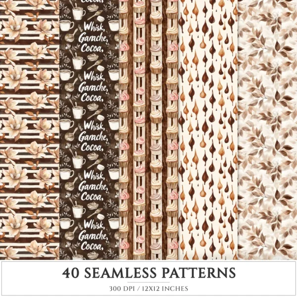 Chocolate Heaven Seamless Patterns, Chocolate Delights JPEG, Sweets pattern, Cupcake, Pastries repeating pattern, Digital scrapbook paper