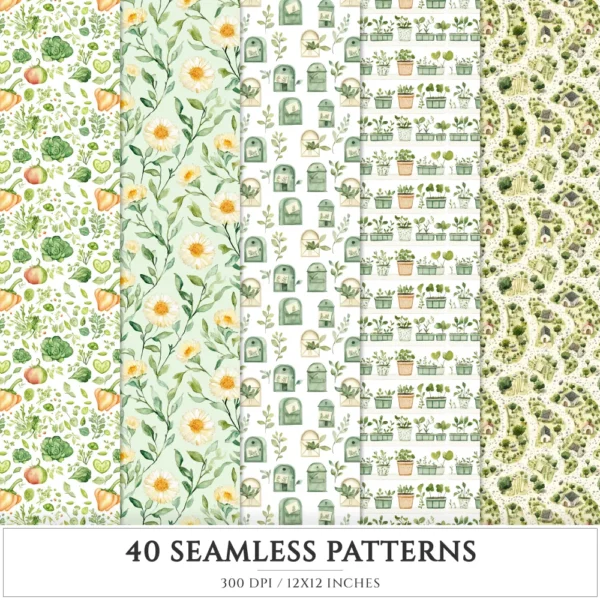 Summer Garden Seamless Patterns, Summer floral JPEG, Gardening pattern, Birds, Gingham, Vegetable repeating pattern, Digital scrapbook paper