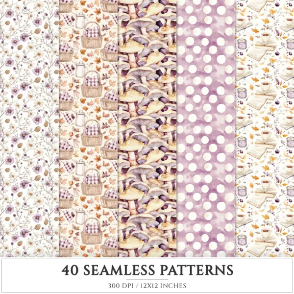 Plum Mood Seamless Patterns, Cozy autumn JPEG, Mushroom pattern, Floral, Plaid, Autumn leaves repeating pattern, Digital scrapbook paper