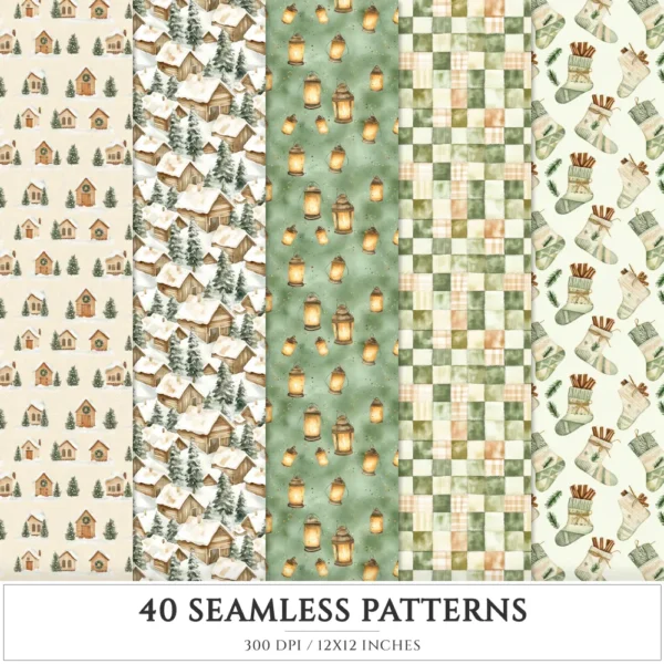 Festive Farmhouse Seamless Patterns, Farmhouse festive JPEG, Snowmen pattern, Plaid, Ornaments repeating pattern, Digital scrapbook paper