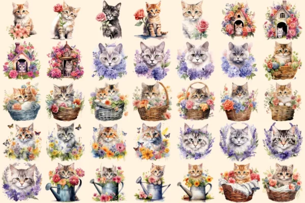 Flower Cats Watercolor Clipart Bundle - 223+ transparent PNG, Charming kitten graphics, Fantasy kitten art, Commercial use, Digital download