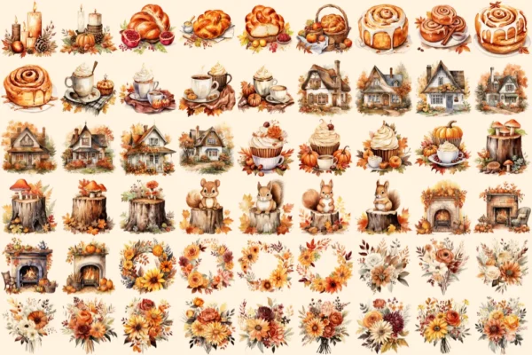 Autumn Whispers Watercolor Clipart Bundle - 360+ transparent PNG, Warm autumn graphics, Seasonal leaf png, Commercial use, Digital download