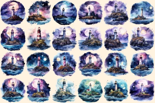 Lighthouses Watercolor Clipart Bundle - 154+ transparent PNG, Coastal views images, Seaside light Graphics, Commercial use, Digital download