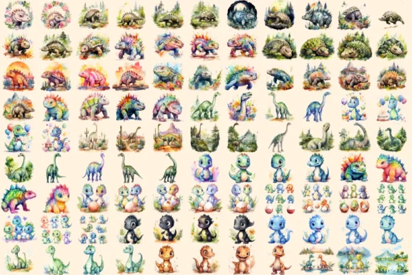 Dinosaurs Watercolor Clipart Bundle - 690+ transparent PNG, Dino graphics, Ancient dinosaur creature png, Commercial use, Digital download