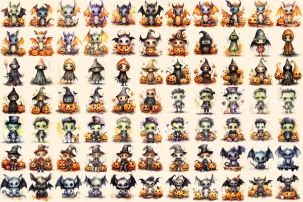 Little Monsters Watercolor Clipart Bundle - 500+ transparent PNG, Eerie graphics, Cute halloween creatures, Commercial use, Digital download