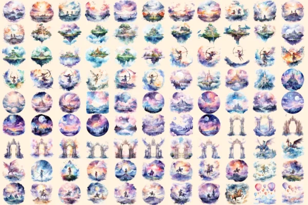 Fantasy Skies Watercolor Clipart Bundle - 620+ transparent PNG, Legendary sky images, Flying beings png, Commercial use, Digital download