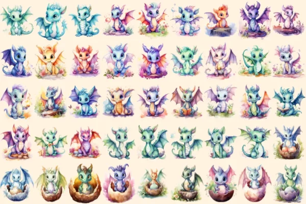 Baby Dragons Watercolor Clipart Bundle - 310+ transparent PNG, Dreamy fairytale images, Charming storybook, Commercial use, Digital download