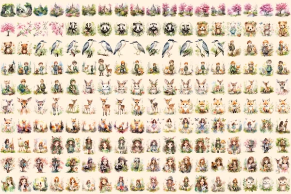 Spring Woodland Watercolor Clipart Bundle - 1185+ transparent PNG, Spring forest graphics, Warm nature png, Commercial use, Digital download