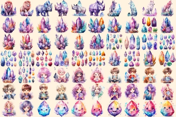 Crystals Watercolor Clipart Bundle - 470+ transparent PNG, Crystal illustrations, Enchanted gem graphics, Commercial use, Digital download