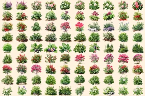 Bushes Watercolor Clipart Bundle - 625+ transparent PNG, Vibrant garden shrub graphics, Lush foliage png, Commercial use, Digital download
