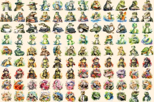 Reptiles Watercolor Clipart Bundle - 705+ transparent PNG, Lizard beast illustrations, Textured reptile png, Commercial use,Digital download