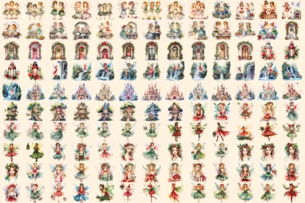 Christmas Fairies Watercolor Clipart Bundle - 890+ transparent PNG, Enchanting holiday graphics, Magic png, Commercial use, Digital download