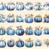 Blue Fall Watercolor Clipart Bundle - 205+ transparent PNG, Autumn harvest graphics, Rustic pumpkin floral, Commercial use, Digital download