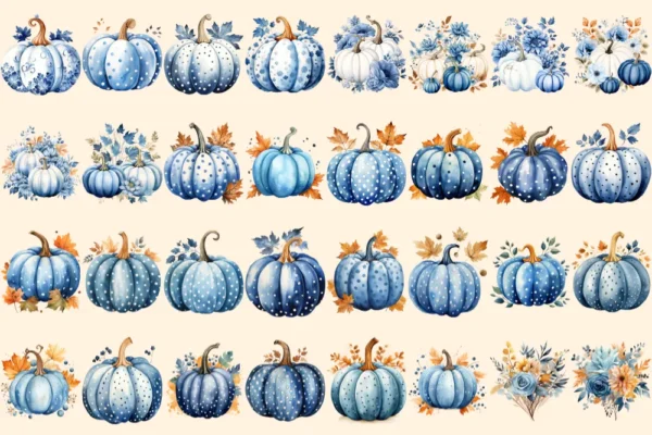 Blue Fall Watercolor Clipart Bundle - 205+ transparent PNG, Autumn harvest graphics, Rustic pumpkin floral, Commercial use, Digital download
