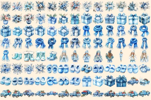 Hello Winter Watercolor Clipart Bundle - 700+ transparent PNG, Cozy winter graphics, Frosty blue holiday, Commercial use, Digital download