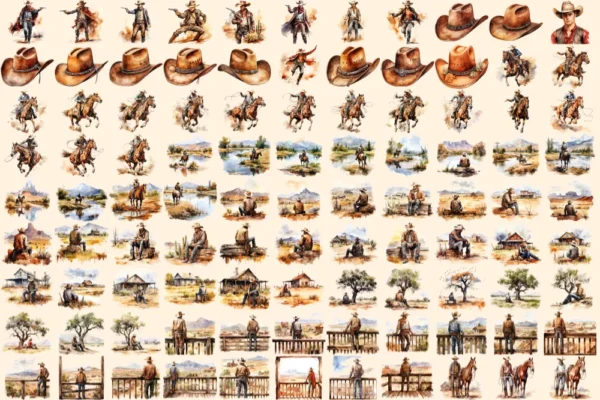 Cowboy Watercolor Clipart Bundle - 650+ transparent PNG, Frontier cowboy illustrations, Wild west rodeo, Commercial use, Digital download