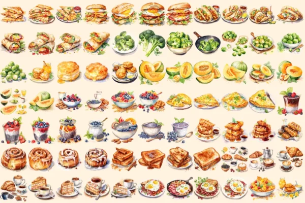 Breakfast Foods Watercolor Clipart Bundle - 500+ transparent PNG, Breakfast plate graphics, Early meal png, Commercial use, Digital download