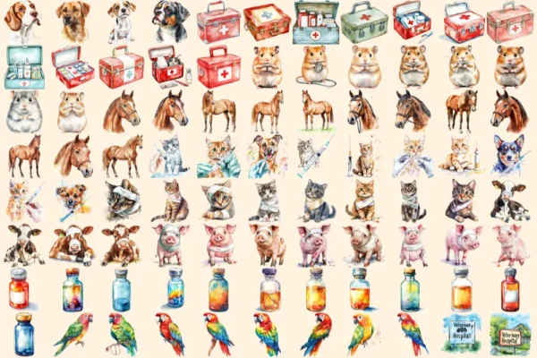 Veterinary Watercolor Clipart Bundle - 600+ transparent PNG, Veterinary care illustrations, Pet health png, Commercial use, Digital download