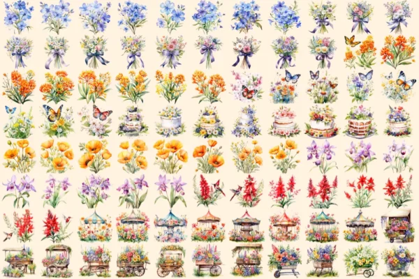 Wildflowers Watercolor Clipart Bundle - 604+ transparent PNG, Blooming wildflower graphics, Spring nature, Commercial use, Digital download