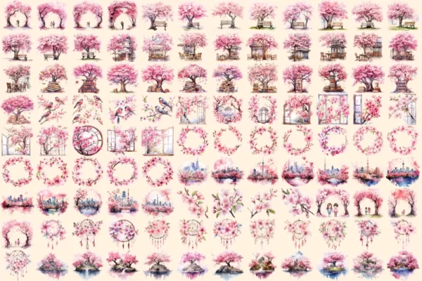 Cherry Blossoms Watercolor Clipart Bundle - 750+ transparent PNG, Japanese flower graphics, Sakura flowers, Commercial use, Digital download