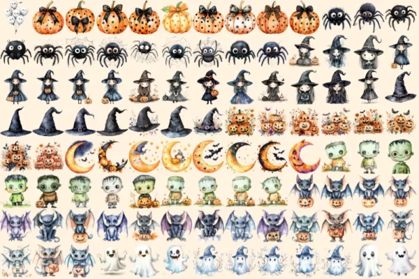 Cute Halloween Watercolor Clipart Bundle - 710+ transparent PNG, Playful spooky graphics, Eerie halloween, Commercial use, Digital download
