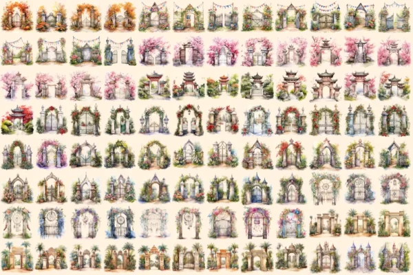 Garden Gates Watercolor Clipart Bundle - 660+ transparent PNG, Whimsical doorway illustrations, Door png, Commercial use, Digital download