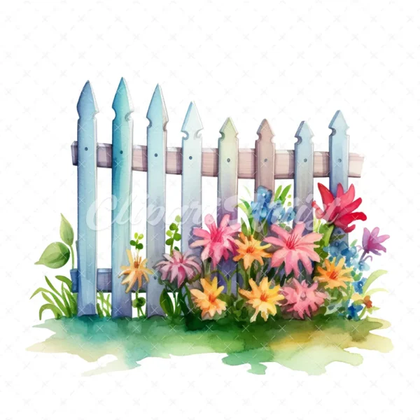 20 High-Quality Picket Fences Clipart - Picket fences digital watercolor JPG instant download for commercial use - Digital download