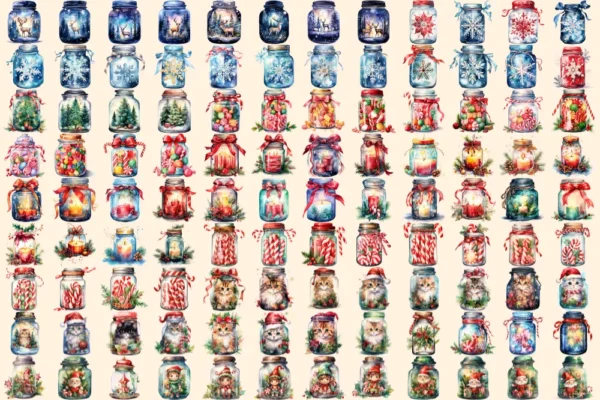 Christmas Magical Jars Watercolor Clipart Bundle - 710+ transparent PNG, Holiday jar png, Festive jar art, Commercial use, Digital download