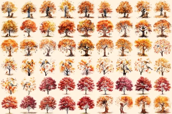 Autumn Trees Watercolor Clipart Bundle - 368+ transparent PNG, Rustic seasonal foliage art, Fall tree png, Commercial use, Digital download