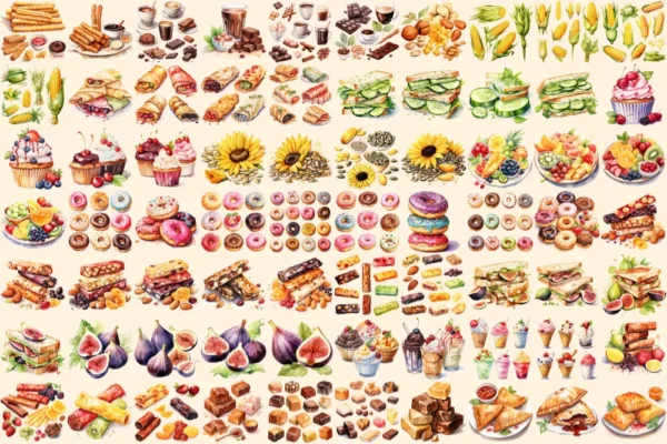 Snacks Watercolor Clipart Bundle - 470+ transparent PNG, Delicious snack variety graphics, Fast food png, Commercial use, Digital download