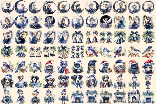 Navy Christmas Watercolor Clipart Bundle - 510+ transparent PNG, Festive decor graphics, Blue holiday png, Commercial use, Digital download