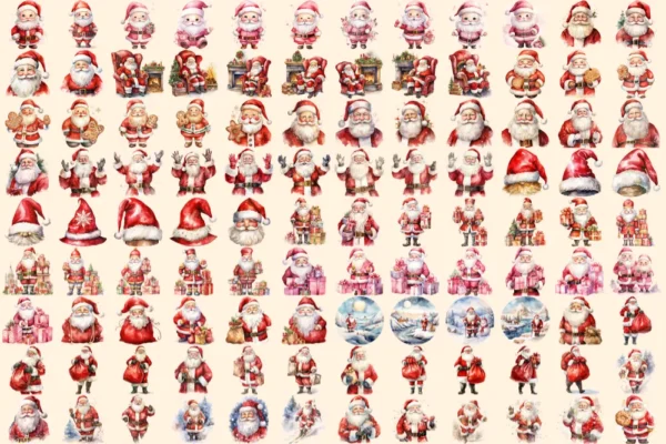 Santa Claus Watercolor Clipart Bundle - 750+ transparent PNG, Cheerful santa illustrations, Holiday images, Commercial use, Digital download