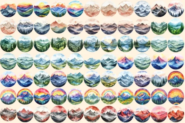 Mountain Landscapes Watercolor Clipart Bundle - 503+ transparent PNG, Majestic mountain images, Alpine png, Commercial use, Digital download
