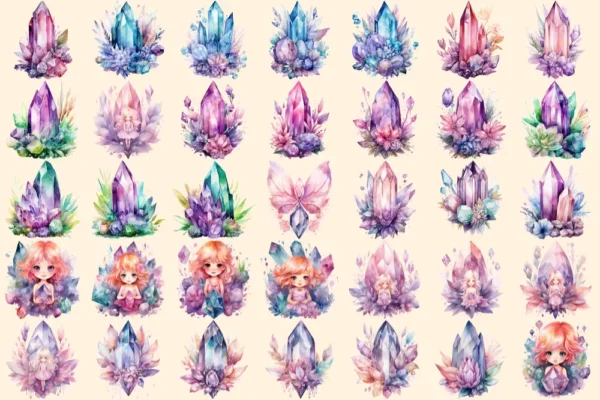 Fairy Crystals Watercolor Clipart Bundle - 220+ transparent PNG, Enchanting fairy images, Cute storybook, Commercial use, Digital download