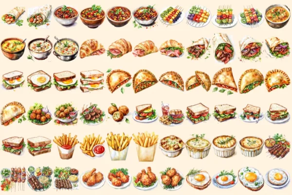 Lunch Foods Watercolor Clipart Bundle - 450+ transparent PNG, Midday feast graphics, Lunchtime meal images, Commercial use, Digital download