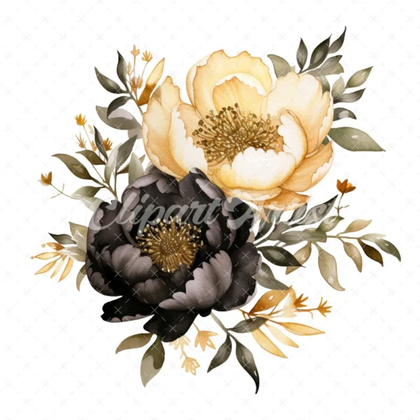 23 High-Quality Black Gold Peony Clipart - Black gold peony digital watercolor JPG instant download for commercial use - Digital download
