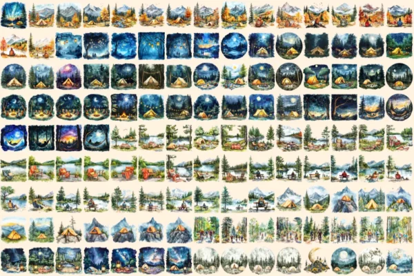Camping Watercolor Clipart Bundle - 930+ transparent PNG, Nature adventure illustrations, Campsite graphics,Commercial use, Digital download