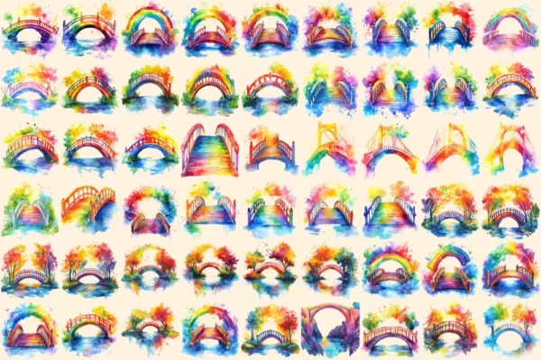 Rainbow Bridges Watercolor Clipart Bundle - 352+ transparent PNG, Colorful archway images, Vibrant bridge, Commercial use, Digital download
